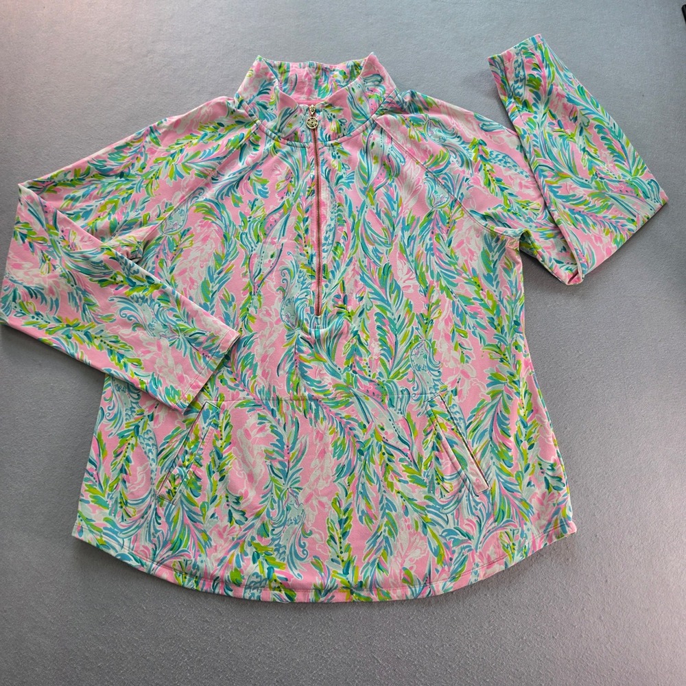 Lilly Pulitzer Skipper Popover Pink Green Tropical Quarter Zip Pullover XXL